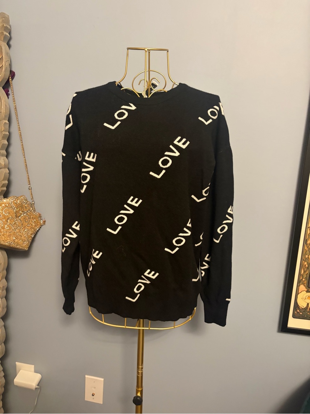 Society Black Crewneck Sweater with White LOVE Print